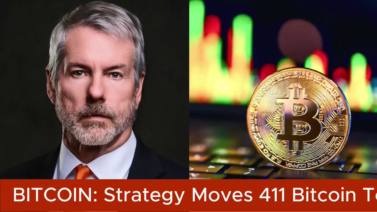 The image features a man wearing a suit standing next to two coins. One coin represents Bitcoin and another represents Ripple. The image also shows a screenshot of a person's profile picture with the caption "strategy moves 411 bitcoin t". The man is wearing a red tie, which matches the color of the coins in the scene. Additionally, there is an overlay stating that Strategy now gives 84% odds that Strategy sells Bitcoin before December 31, 2026.