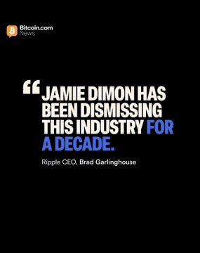 In the image, there are two texts side by side, with one text appearing larger than the other. The background is black, providing a stark contrast that emphasizes both texts. The first text says "Jamie Dimon has been dismissing this industry for a decade." and adds that "Ripple CEO Brad Garlinghouse adds $20 billion of revenue from their payments business and five over $5 billion of profit". This phrase could be interpreted as the CEO, Ripple, profiting from the Bitcoin industry, which is often associated with the Winklevoss twins.