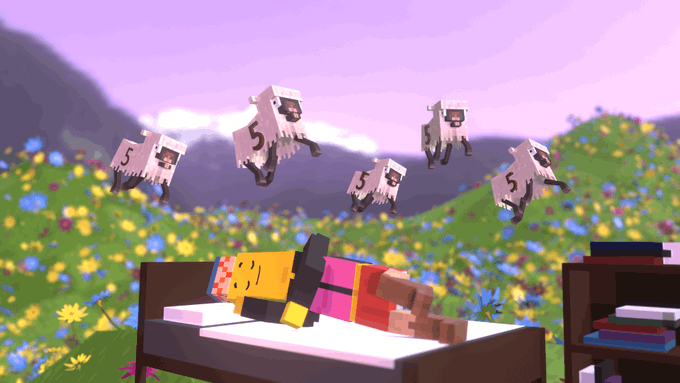 A Minecraft-style 3D animated scene showing a pixelated character lying on a bed in a flower-filled field, with five Minecraft sheep wearing creepers hovering/jumping in the air above.