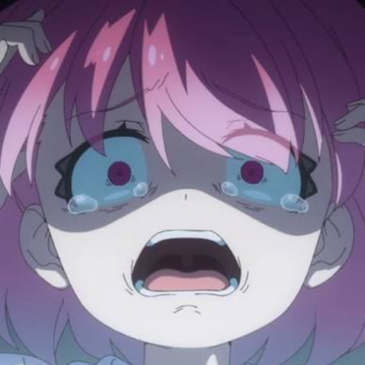 A close-up anime-style illustration of a pink-haired character crying with wide eyes and an open mouth in distress.