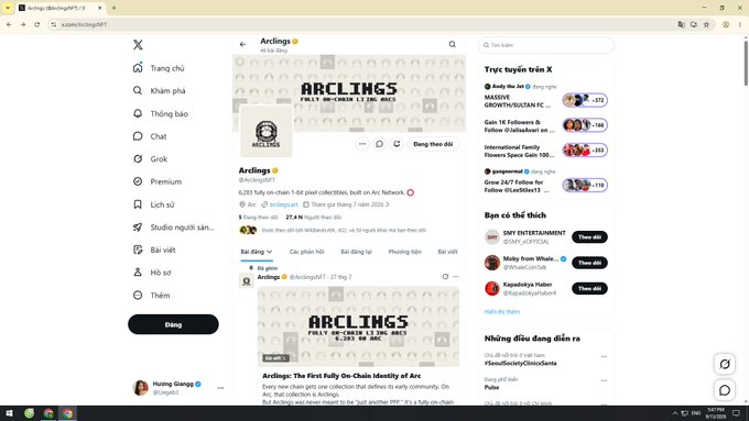 A screenshot of the X (formerly Twitter) website in Vietnamese, showing the profile page for the user 'Arclings' (@Arclings0_1), which has 6,283 followers.