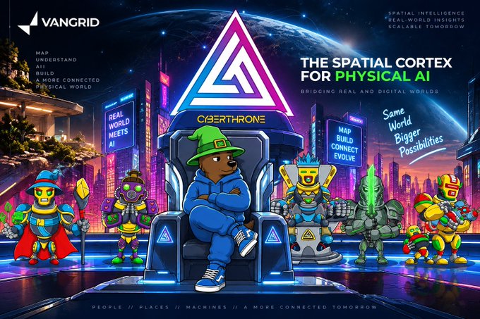 A promotional graphic for VanGrid featuring a bear character named 'Cearthrone' seated on a throne, flanked by robot characters, with text including 'THE SPATIAL CORTEX FOR PHYSICAL AI', 'BRIDGING REAL AND DIGITAL WORLDS', 'SPATIAL INTELLIGENCE REAL WORLD INSIGHTS SCALABLE TOMORROW', and slogans like 'MAP UNDERSTAND BUILD' and 'PEOPLE // PLACES // MACHINES // A MORE CONNECTED TOMORROW'.