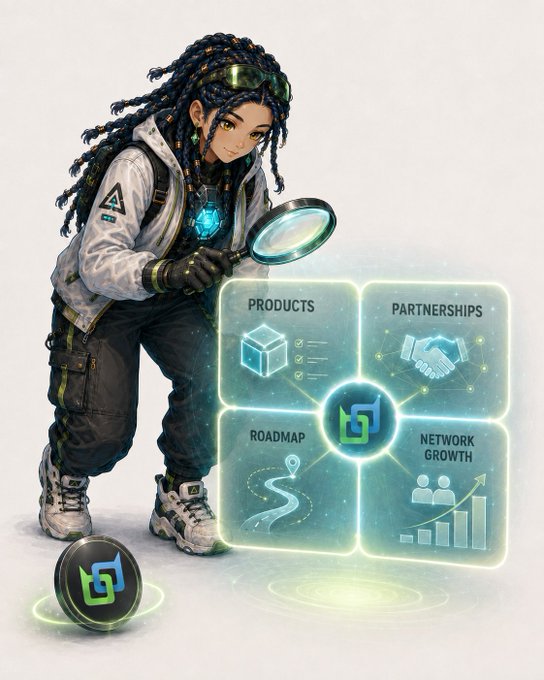 An anime-style illustration shows a character with dreadlocks and goggles examining holographic panels labeled 'PRODUCTS', 'PARTNERSHIPS', 'ROADMAP', and 'NETWORK GROWTH', with a logo featuring interlocking green and blue shapes.