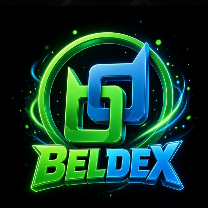 A neon-styled logo featuring interlocking green and blue shapes within a glowing circle, with the bold text 'BELDEX' displayed below in green and blue lettering against a dark, particle-filled background.
