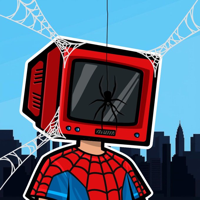 Cartoon illustration of a Spider-Man character whose head is replaced with a red old-fashioned TV monitor displaying a large spider on the screen, set against a city skyline with spider webs.