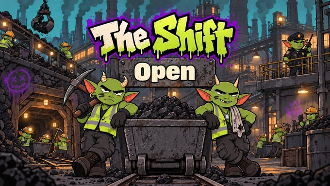 A video game title screen for 'The Shift,' with the word 'Open' displayed in the center between two green goblin characters standing next to a coal-filled cart in an industrial mine setting.