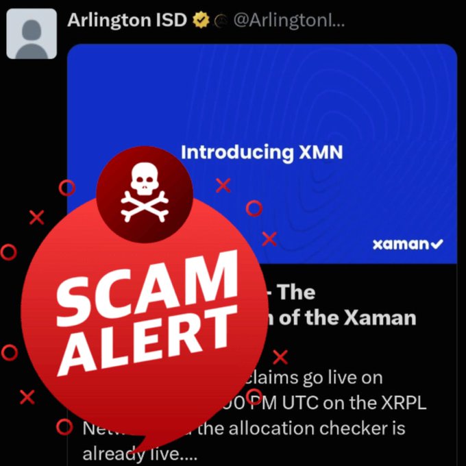 A "SCAM ALERT" graphic overlays a post about introducing "XMN" from "xaman," warning that there is no Xaman token and it is a scam. The post also mentions "3:00 PM UTC on the XRPL."