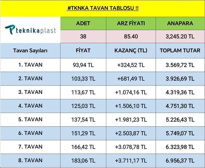 The image displays a Turkish stock trading table for #TKNKA (Teknikaplast), showing 38 lots at a supply price of 85.40 TL with a principal of 3,245.20 TL, along with eight target ceiling prices ranging from 93.94 TL (1st ceiling, +324.52 TL profit) up to 183.06 TL (8th ceiling, +3,711.17 TL profit), illustrating projected profit tiers for individual investors.