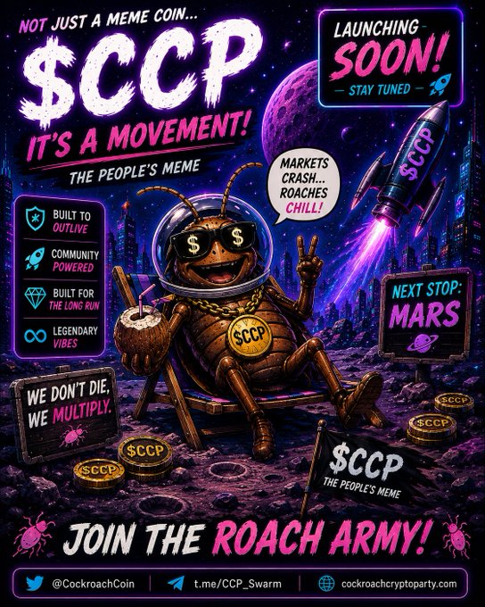 A vibrant promotional poster for the '$CCP' Cockroach Crypto Party meme coin, featuring an astronaut cockroach lounging on a beach chair on the moon, with text including 'NOT JUST A MEME COIN... IT'S A MOVEMENT!' and 'JOIN THE ROACH ARMY!'.