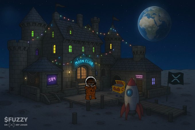 A pixel art illustration of a castle labeled 'MOON CLUB' on a lunar landscape under a night sky, featuring an astronaut gnome character, a treasure chest labeled 'DIAMOND HANDS', and logos for '$FUZZY' and 'XRP LEDGER'.