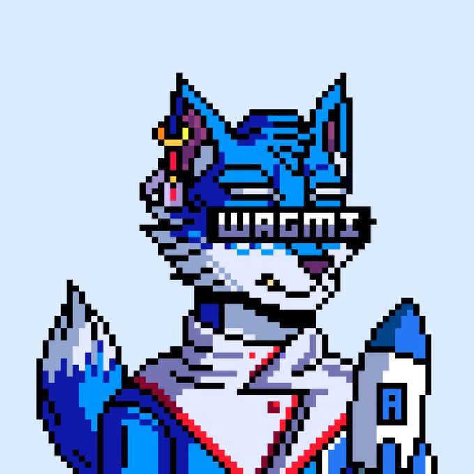 Pixel art of a blue and white anthropomorphic character wearing a futuristic helmet and armored suit.