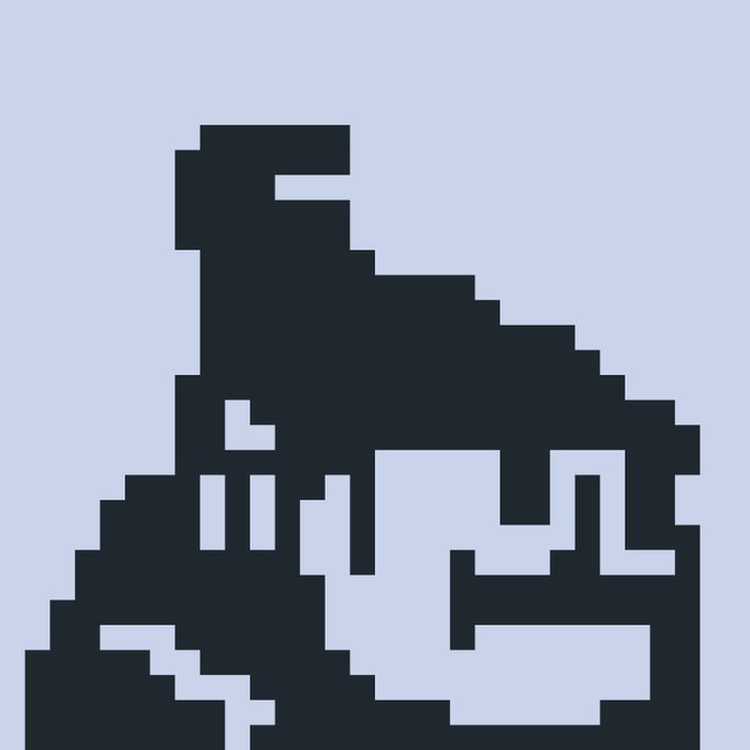 A low-resolution, pixelated dark silhouette of a figure or object against a plain light blue/gray background, resembling early 8-bit or 16-bit graphics.