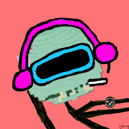 A crudely drawn cartoon figure wears oversized pink and cyan ski goggles against a coral background, with a small wheel/tire icon visible in the lower right corner next to its dark stick-like arms. The signature "sydrug" appears in the bottom right, and the crude NFT-style art pairs with the post's nostalgic reference to the early NFT meta era.