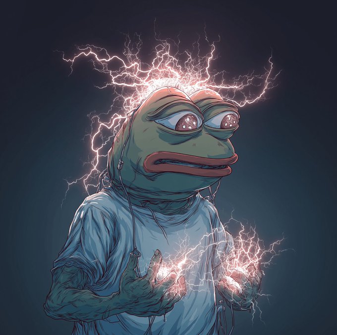Digital artwork of a green frog-like humanoid character in a blue hoodie with intense eyes, emanating lightning from its head and hands.
