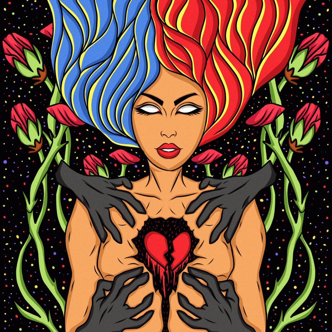 A stylized illustration of a woman with hair divided into blue flames on the left and red flames on the right, with black hands reaching toward a broken bleeding heart on her chest, framed by red roses against a starry black background.