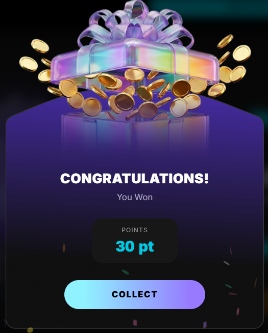 A mobile app reward screen showing 'CONGRATULATIONS! You Won 30 pt POINTS' with a colorful gift box bursting with gold coins and confetti, above a 'COLLECT' button.