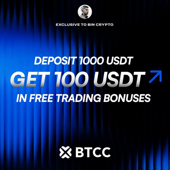 Promotional graphic for BTCC exchange offering 100 USDT in free trading bonuses when users deposit 1000 USDT, branded as "Exclusive to Bin Crypto." The image reinforces the post's call-to-action by highlighting the $100 bonus incentive for new account registrations through the partner link.