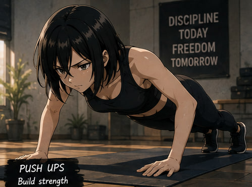 An anime-style illustration shows a woman in black workout attire performing push-ups on a mat, with text reading 'PUSH UPS - Build strength' and a sign in the background saying 'DISCIPLINE TODAY FREEDOM TOMORROW'.