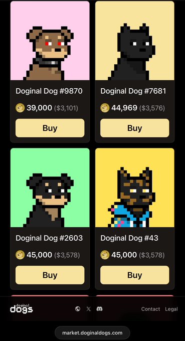 A marketplace listing for 'Doginal Dogs' NFT collection, showing four pixel-art dog avatars with prices ranging from 39,000 to 45,000.