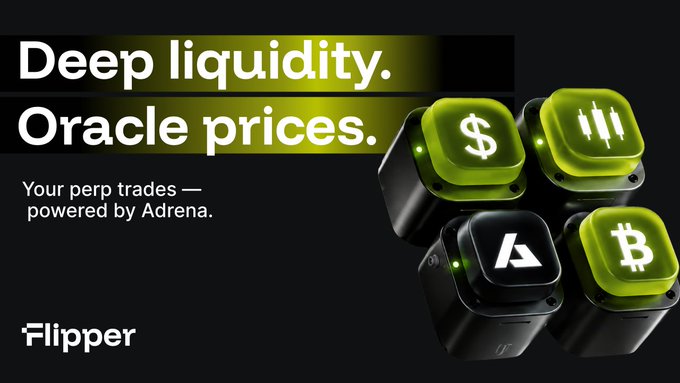 A promotional graphic for Flipper / Adrena featuring the tagline 'Deep liquidity. Oracle prices. Your perp trades — powered by Adrena,' alongside glowing cube icons depicting dollar and Bitcoin symbols.
