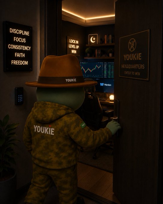 A 3D animated figure wearing a brown hat and a camouflage hoodie with "YOUKIE" on the back stands before a door marked "YOUKIE HEADQUARTERS ENTER TO WIN." The room beyond contains trading screens and signs reading "DISCIPLINE FOCUS CONSISTENCY FAITH FREEDOM" and "LOCK IN LEVEL UP WIN."