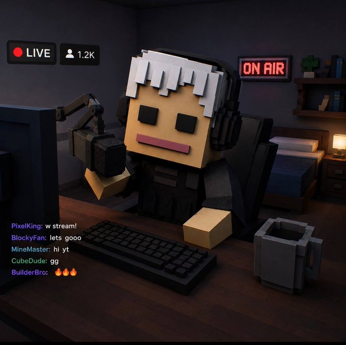 A 3D voxel-style character streams live with a microphone, keyboard, and mug, showing 1.2K viewers and an 'ON AIR' sign, with chat messages like 'PixelKing: w stream!' and 'BuilderBro: 🔥🔥🔥'.