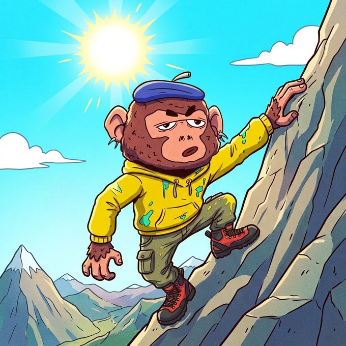 A cartoon illustration shows a tired-looking monkey wearing a blue beret, yellow hoodie, cargo pants, and red boots climbing up a rocky mountainside under a bright sun.