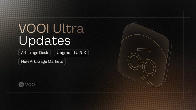 A promotional graphic announces "VOOI Ultra Updates" featuring new features like Arbitrage Desk, Upgraded UI/UX, and New Arbitrage Markets.