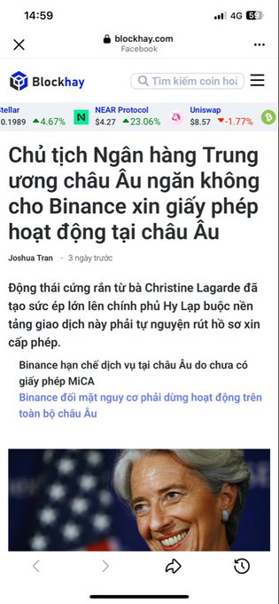 A screenshot of a Blockhay.com article with the Vietnamese headline 'Chủ tịch Ngân hàng Trung ương châu Âu ngăn không cho Binance xin giấy phép hoạt động tại châu Âu' discussing the ECB president pressuring Binance to obtain MICA licenses.