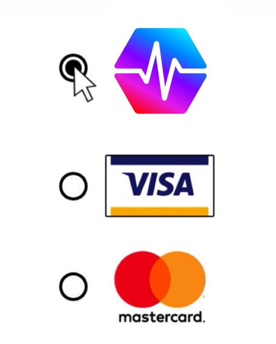 A selection of payment method options featuring the PulseChain hexagon logo (with heartbeat/pulse design) selected at the top, alongside unselected VISA and Mastercard options below. The image illustrates the post's question about using PulseChain (#PLS) tokens as a payment method, showing it as a potential alternative to traditional card payment systems.