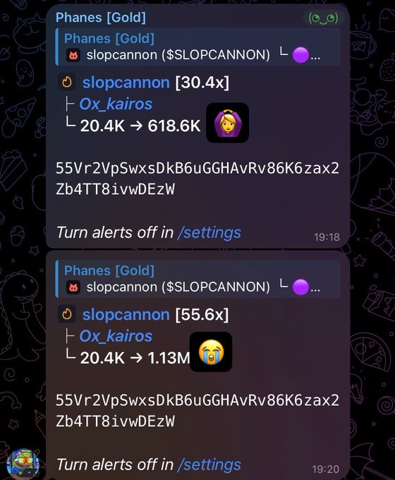 Two Telegram alert messages from 'Phanes [Gold]' show crypto price movements for 'slopcannon' and '0x_kairos', with the first showing a 30.4x increase and the second showing a 55.6x increase.