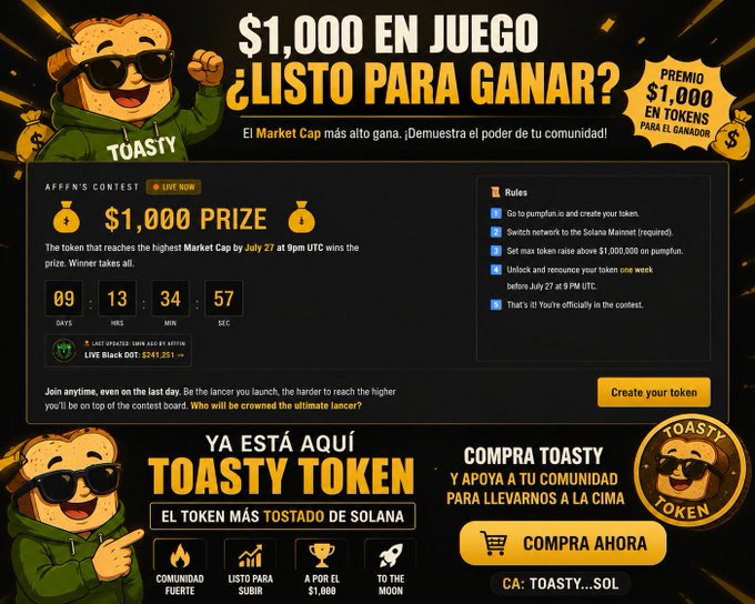 Spanish-language advertisement for a Toasty Token $1,000 contest on Solana's pump.fun, with a countdown timer and rules.