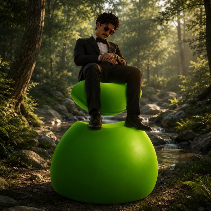 A man in a black tuxedo and pink sunglasses sits atop a giant green, bulbous object in a lush forest setting with a stream running through rocks in the background.