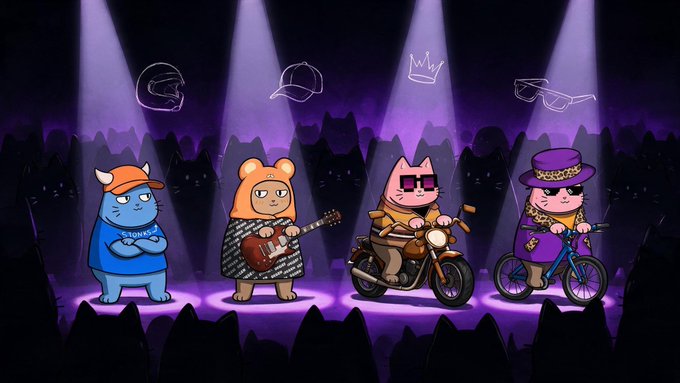 Four anthropomorphic cat characters stand in purple spotlights on a stage, each wearing a different accessory—a blue shirt with "LIONS" text and orange cap, a patterned shirt, sunglasses on a motorcycle, and a purple top hat—while glowing neon icons of a helmet, cap, crown, and glasses float above them, illustrating the customizable traits available for the 20,000 Motocats.