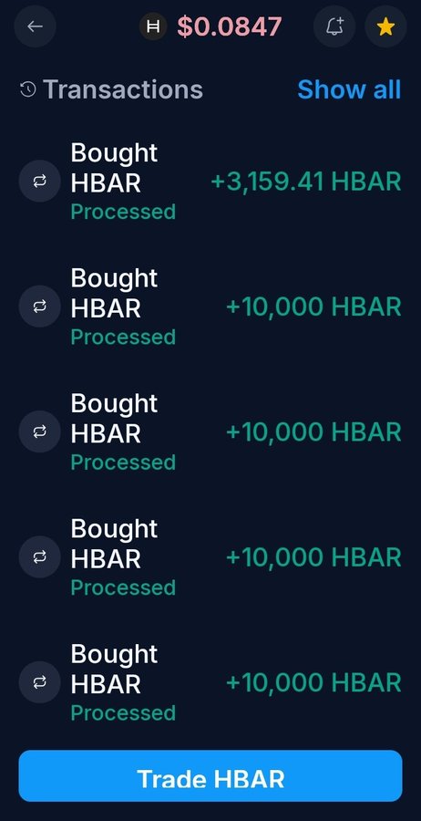 A crypto app transaction history shows multiple purchases of HBAR (Hedera) at a price of $0.0847, with a 'Trade HBAR' button at the bottom.