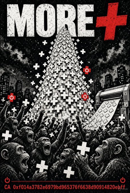 A dramatic black-and-white poster featuring a crowd of monkeys beneath a massive pyramid of glowing plus signs, with the text 'MORE+' in large letters at the top and a cryptocurrency contract address displayed at the bottom.