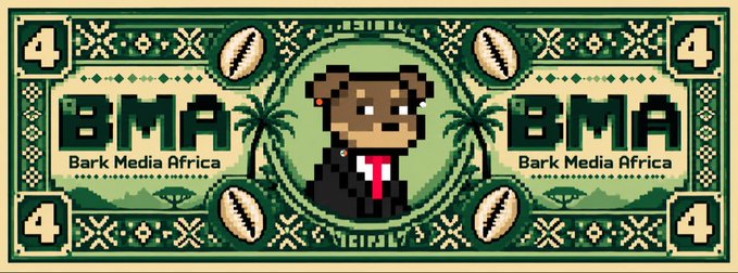 A green pixel-art style currency design for 'Bark Media Africa' (BMA) featuring a pixelated dog character in a suit and tie.