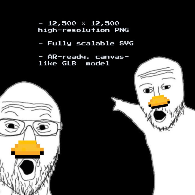 A black background image featuring two Wojak-style drawn characters with pixelated orange mustaches, advertising high-resolution PNG, fully scalable SVG, and an AR-ready canvas-like GLB model.