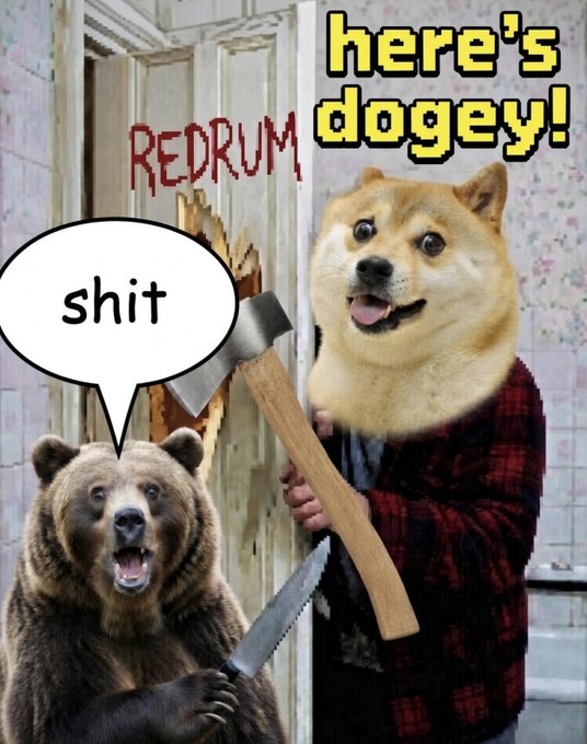 A Shiba Inu dog meme parodying The Shining shows the dog in a plaid shirt holding an axe with "REDRUM" on the door and a bear holding a knife saying "shit," captioned "here's dogey!"