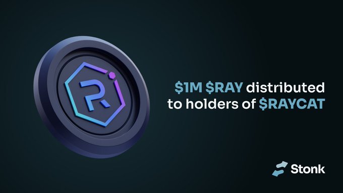 The image features a dark hexagonal RAY token graphic alongside text announcing "$1M $RAY distributed to holders of $RAYCAT," branded with the Stonk logo. It visually reinforces the post's message by highlighting a $1 million reward distribution event tied to the RAY community on Stonk.