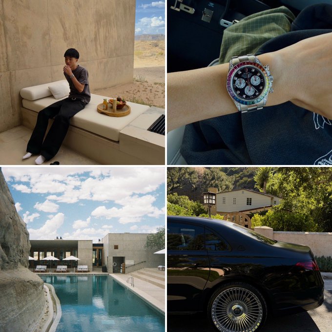 A collage shows a young man relaxing on a cushioned bench with a tray of food, a wrist featuring a Rolex GMT-Master II with a red and blue "Pepsi" bezel, a luxurious desert home with a swimming pool, and a sleek black Mercedes-Benz coupe. The imagery aligns with the post's narrative of a young crypto success story, visually emphasizing wealth, leisure, and the luxury lifestyle often associated with such financial windfalls.