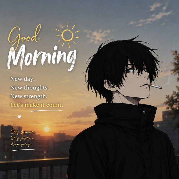 ikebana, a Japanese art form, features a black and white illustration of a young man with a cigarette, accompanied by the text "Good Morning" and "New day. New thoughts.! New strength. Let's make it count."