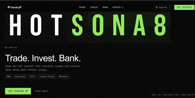 Website homepage for 'Hotstuff' / 'HOTSONA8' with the tagline 'Trade. Invest. Bank.' and the slogan 'Home for all capital that actually trades and invests. Open while Wall Street sleeps.'