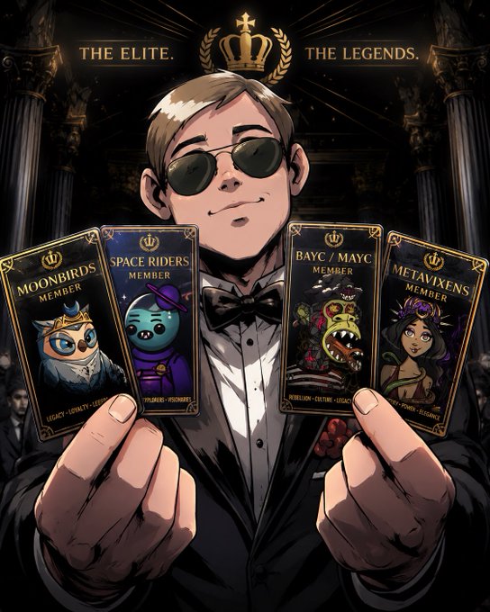A stylized illustration titled 'THE ELITE. THE LEGENDS.' featuring a man in sunglasses and a tuxedo holding up four NFT membership cards for Moonbirds, Space Riders, BAYC/MAYC, and MetaDixens.
