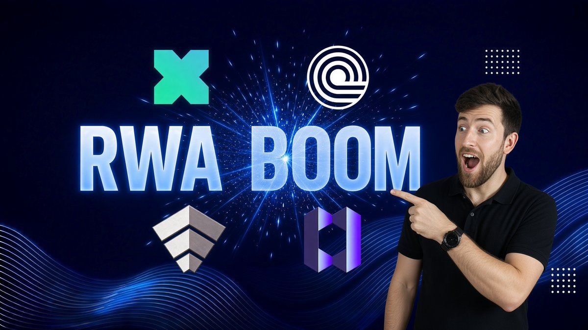 A YouTube thumbnail with a shocked man pointing at the text "RWA BOOM," featuring logos of crypto projects (likely IMX, Ondo, Flare, and Mantle) against a dark blue space-themed background with sparkling effects.