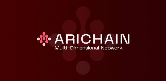 A logo featuring the text "ARICHAIN - Multi-Dimensional Network" in white, accompanied by a red and white circular node design on a dark red background, visually representing the upcoming Multi-VM blockchain network upgrade announced by ARI Wallet.