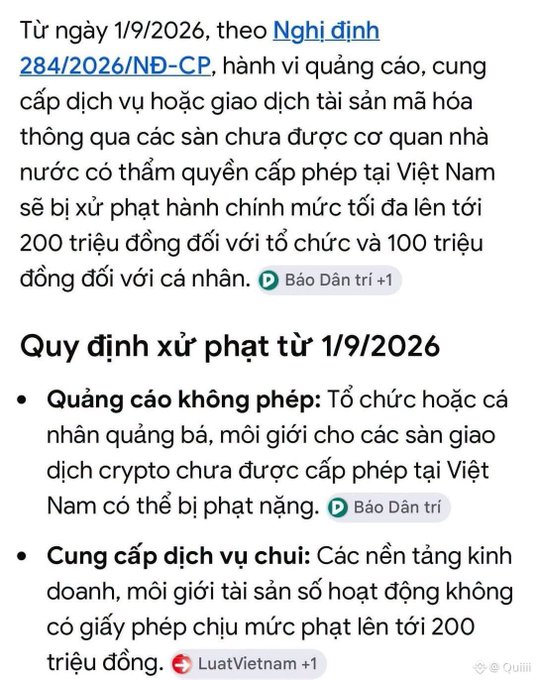 A Vietnamese text excerpt about Decree 284/2026/ND-CP, stating that from 9/1/2026, advertising or providing services for unlicensed crypto exchanges in Vietnam will be fined up to 200 million VND for organizations and 100 million VND for individuals, cited from Báo Dân trí and LuatVietnam.