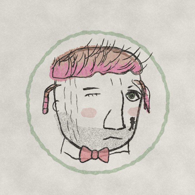A rough, hand-drawn sketch in a green circle portrays a pale face with pink hair, rosy cheeks, and a pink bow tie.