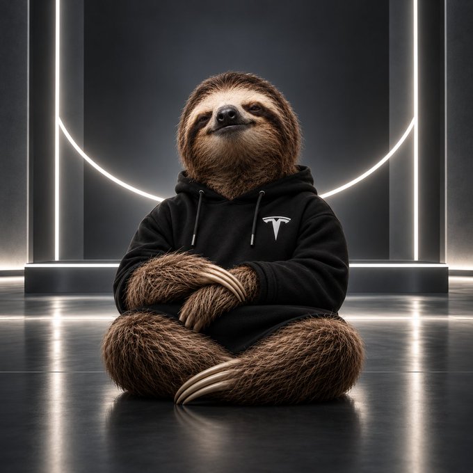 A sloth wearing a black Tesla hoodie sits cross-legged in a meditative pose in a futuristic room with glowing white lights.