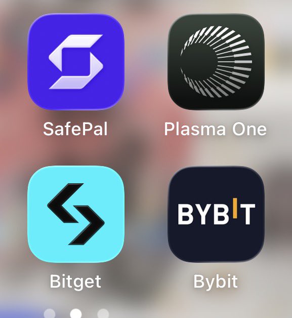 The image shows a smartphone screen displaying four cryptocurrency app icons: SafePal, Plasma One, Bitget, and Bybit. This relates to the accompanying post, which provides KYC (Know Your Customer) guidance using a Chinese passport and paper Hong Kong address proof specifically for users interested in the Plasma One exchange platform.